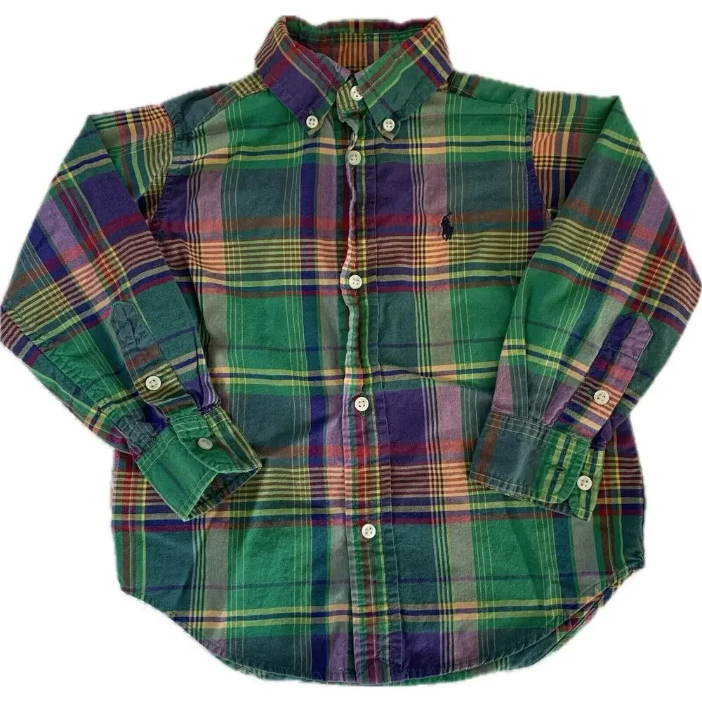 Ralph Lauren Long Sleeve Button Down Vibrant Colorful Plaid Shirt 3T 100% Cotton